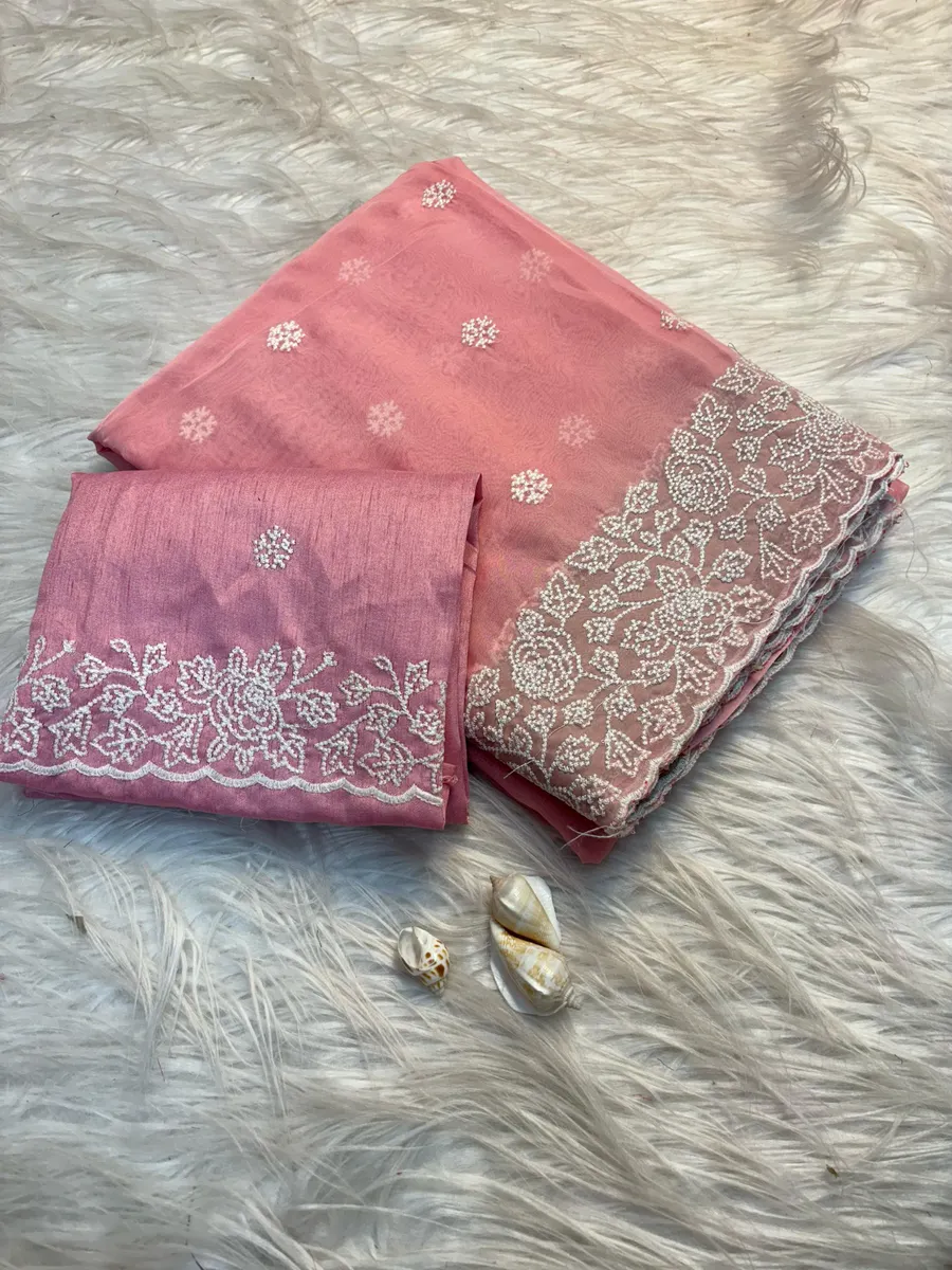 Soft Pure Tussar Silk Saree with White Thread Embroidery Work
